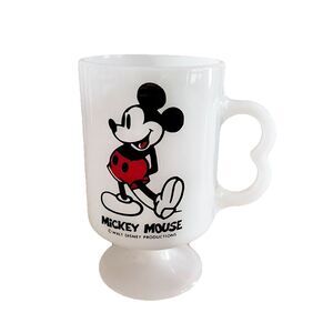 Walt Disney Mickey Mouse Footed White Milk Glass Mug w/ B Handle 8 oz